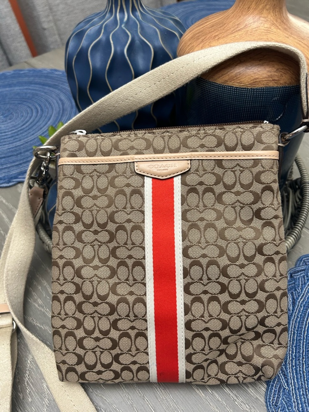 Coach Signature Canvas Crossbody Bag in Brown with Red Stripe